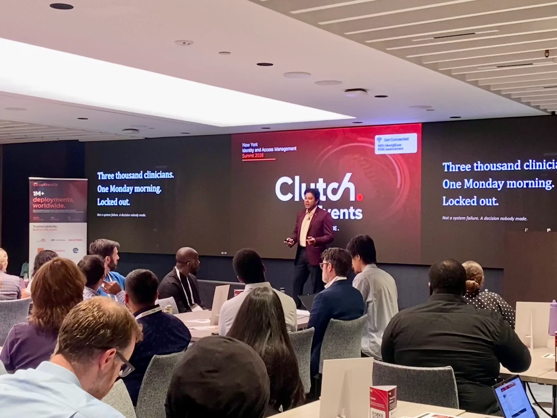 Riddhi Mohan Sharma delivering keynote speech on “When Login Failure Is Not an Option: Three Pre-Close Identity Architecture Decisions” introducing the Identity-First Resilience Model to 200+ IAM leaders, CISOs, and practitioners at the New York Identity, Authentication & Access Management Summit, July 2026.